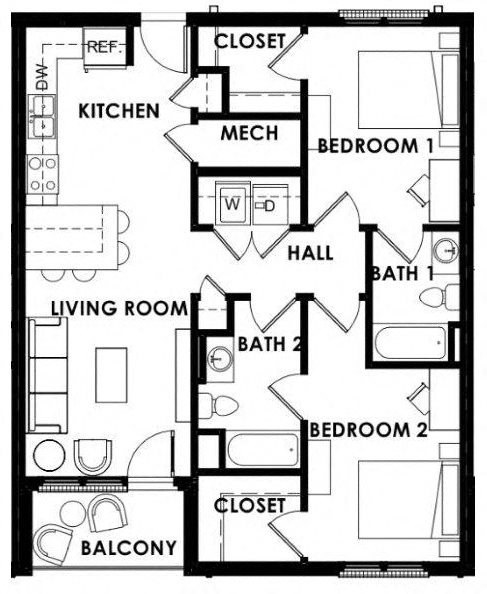 2BR2BA floor plan Floor plan for The Balcony apartments in Tuscaloosa, AL. Spacious 2 bedroom 2 bath unit shown.